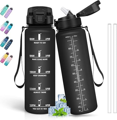 Botella Agua 1 litro, Botella Agua Gimnasio, A Prueba de Fugas, Botella Reutilizable con Pajita, Fácil de Limpiar, Botella de Agua Deportiva, para la Ciclismo, Senderismo, Correr, Negro